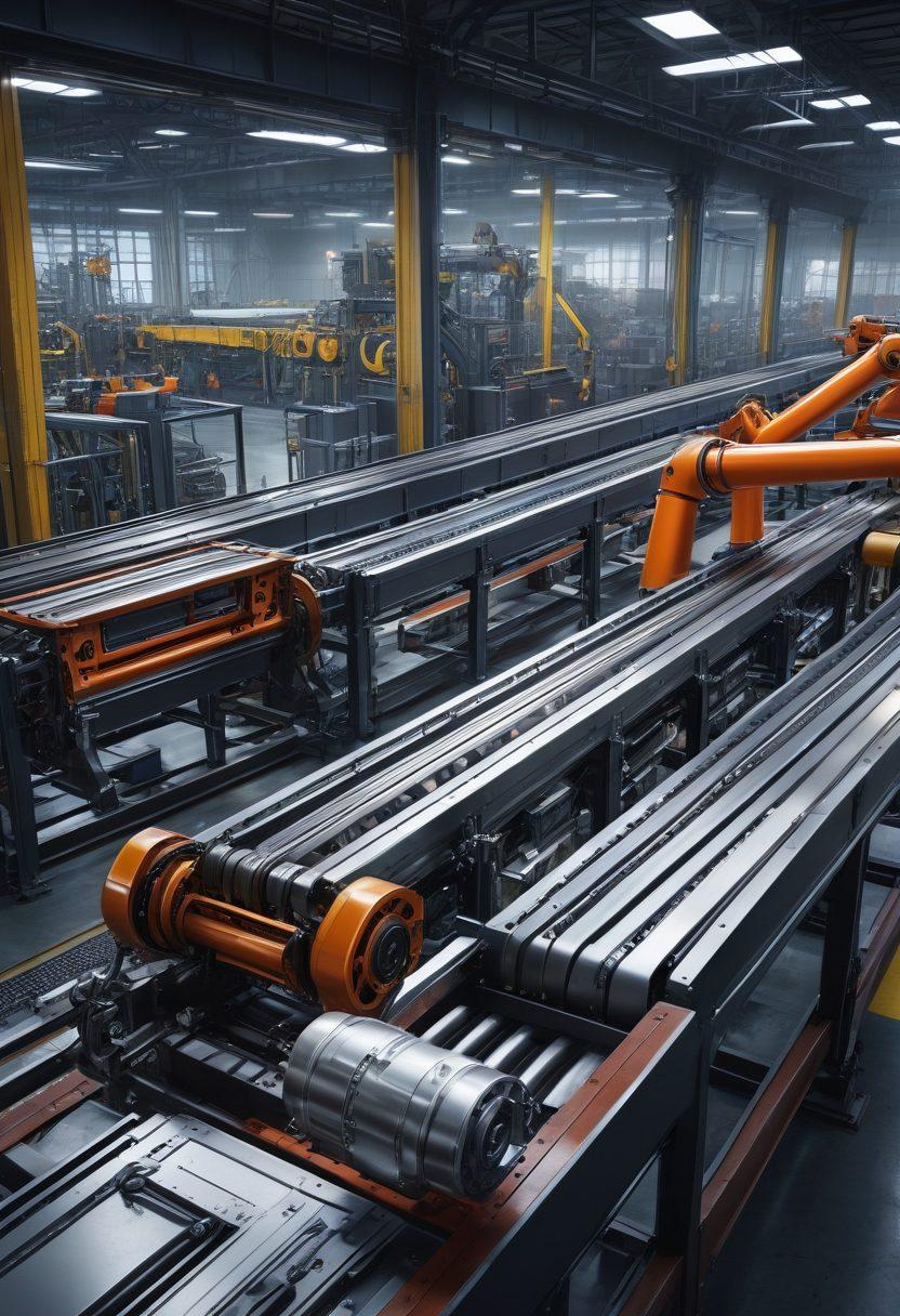 A detailed close-up of a streamlined metal distribution system in a high-tech manufacturing plant, showcasing conveyor belts and robotic arms efficiently moving various metal parts. Include visual elements like gears and blueprints subtly in the background, emphasizing engineering precision. The scene should be illuminated with bright industrial lighting, highlighting the metallic textures. super-realistic. vibrant colors. 3D.