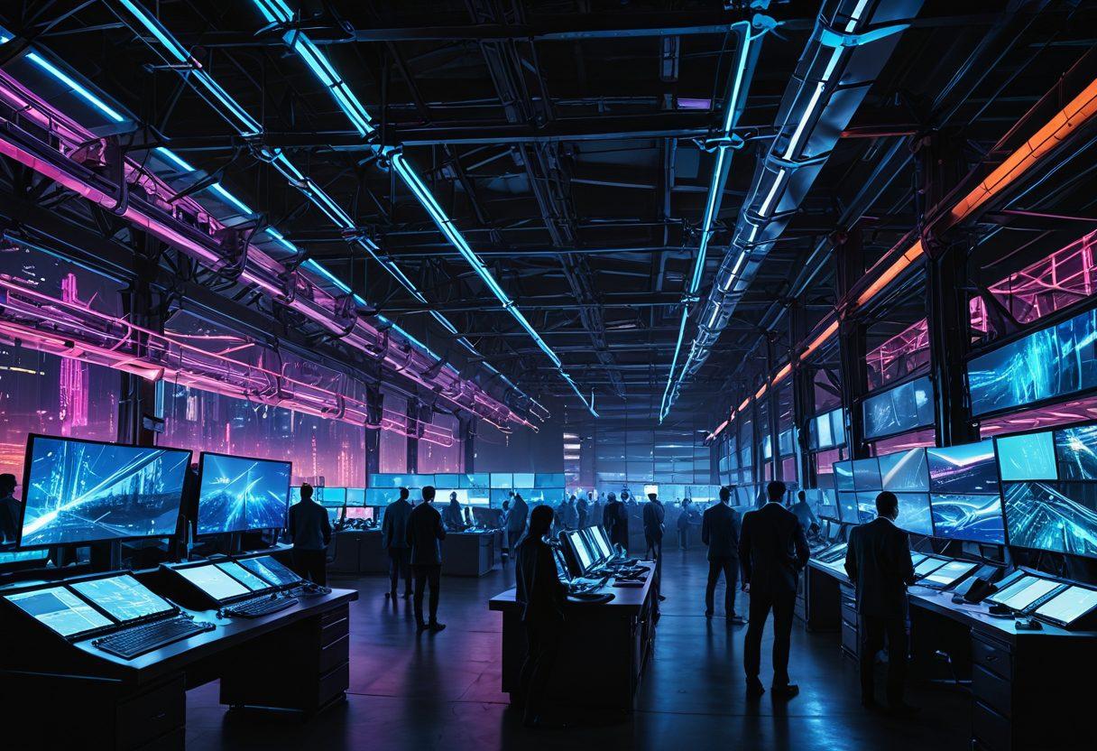 An abstract representation of a futuristic steel supply chain, featuring interconnected factories and construction sites glowing with neon lights. Include metallic textures, oversized steel beams, and digital data streams flowing through. In the foreground, a diverse group of professionals are analyzing blueprints with holographic interfaces. The sky is a dynamic blend of twilight colors symbolizing innovation and progress. cyberpunk. vibrant colors. 3D.