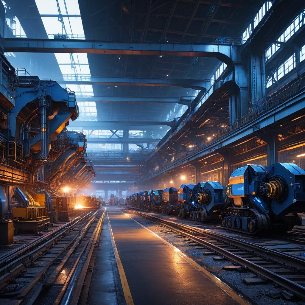 A futuristic steel mill with advanced robotic systems efficiently moving steel beams and plates, surrounded by digital displays showcasing supply chain analytics. In the background, a dynamic city skyline reflects the growth and innovation in the steel industry. Emphasize metallic textures and vibrant blue and silver colors to convey a modern, industrial feel. super-realistic. vibrant colors. digital art.